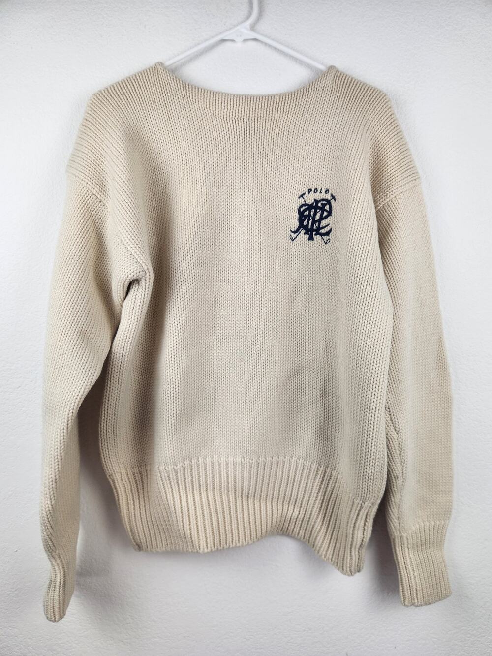 Vintage Polo Ralph Lauren Shaker Knit Scribble Crest Sweater Cream/Yellow Small